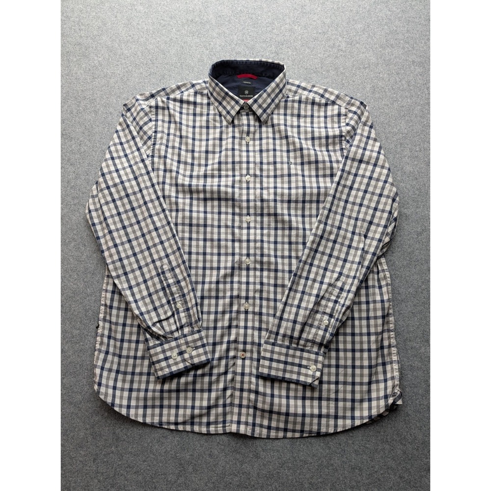 Victorinox Men's Shirt  XL Gray Blue Plaid Button-up Long Sleeve Tailored Fit